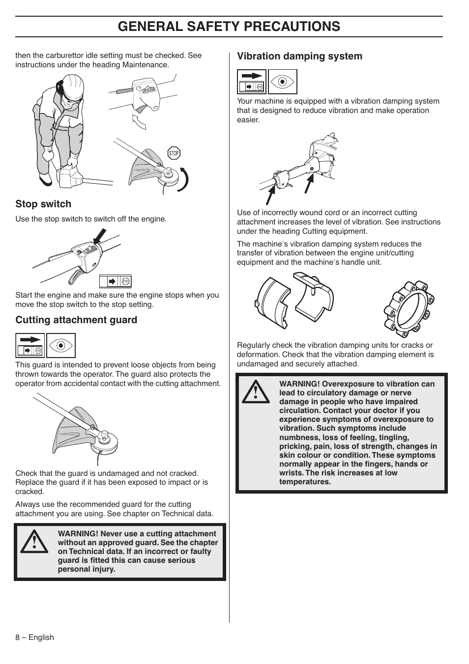 Stop switch, Cutting attachment guard, Vibration damping system | General safety preca utions | Husqvarna 324LDX-Series User Manual | Page 8 / 36