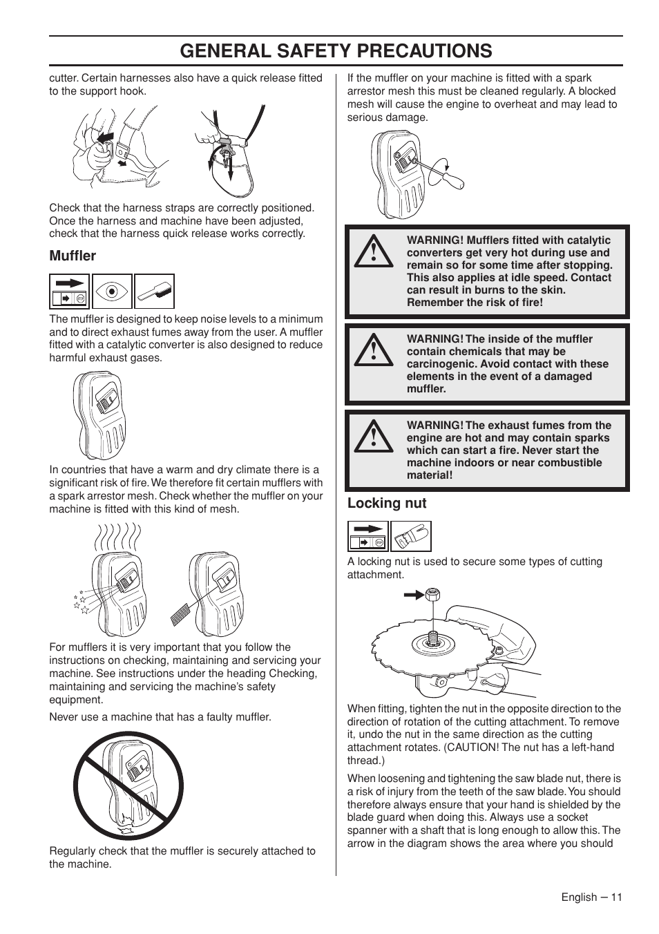 Muffler, Locking nut, General safety precautions | Husqvarna CC2145 User Manual | Page 11 / 44