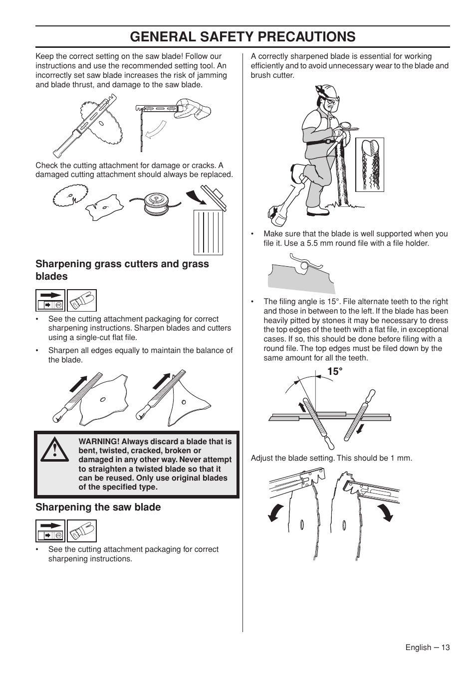 Sharpening grass cutters and grass blades, Sharpening the saw blade, General safety precautions | Husqvarna CC2145 User Manual | Page 13 / 44