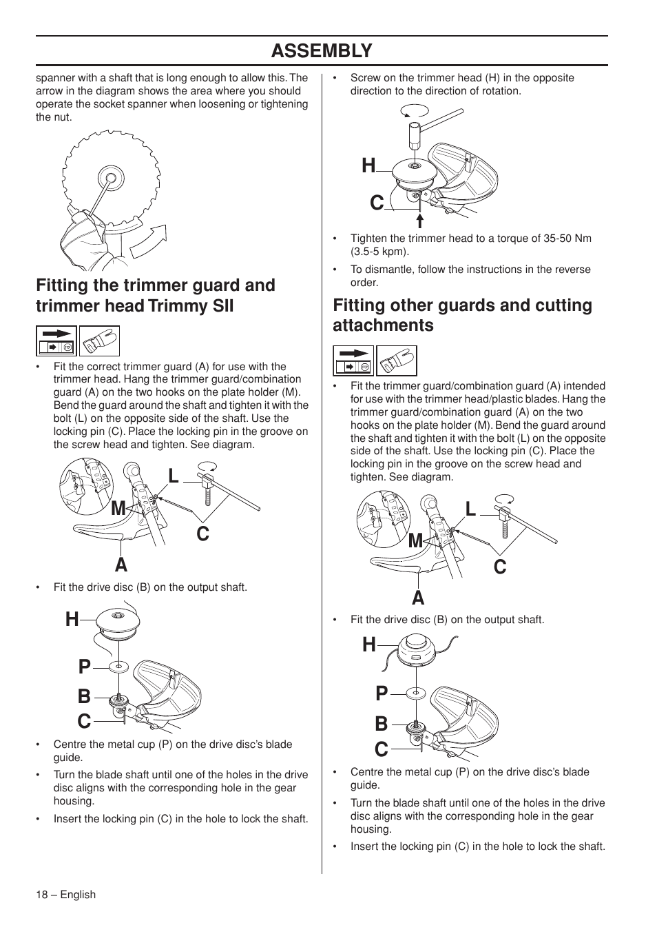 Fitting other guards and cutting attachments, Bh p c, La m c | Assembly | Husqvarna CC2145 User Manual | Page 18 / 44