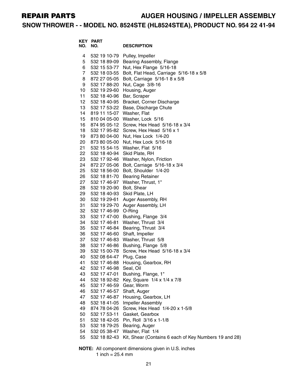 Parts list, Repair parts auger housing / impeller assembly | Husqvarna 8524STE User Manual | Page 21 / 32