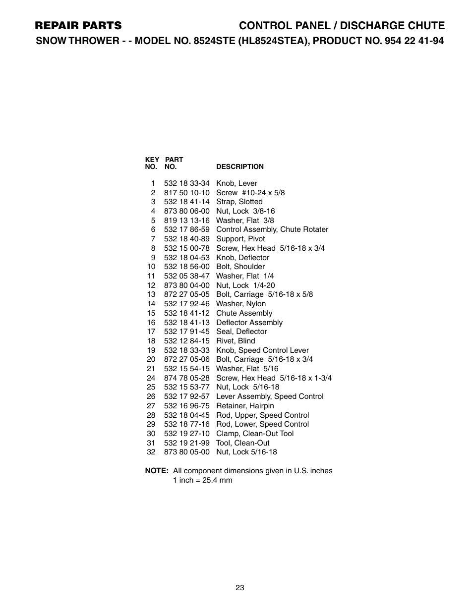 Parts list, Repair parts control panel / discharge chute | Husqvarna 8524STE User Manual | Page 23 / 32