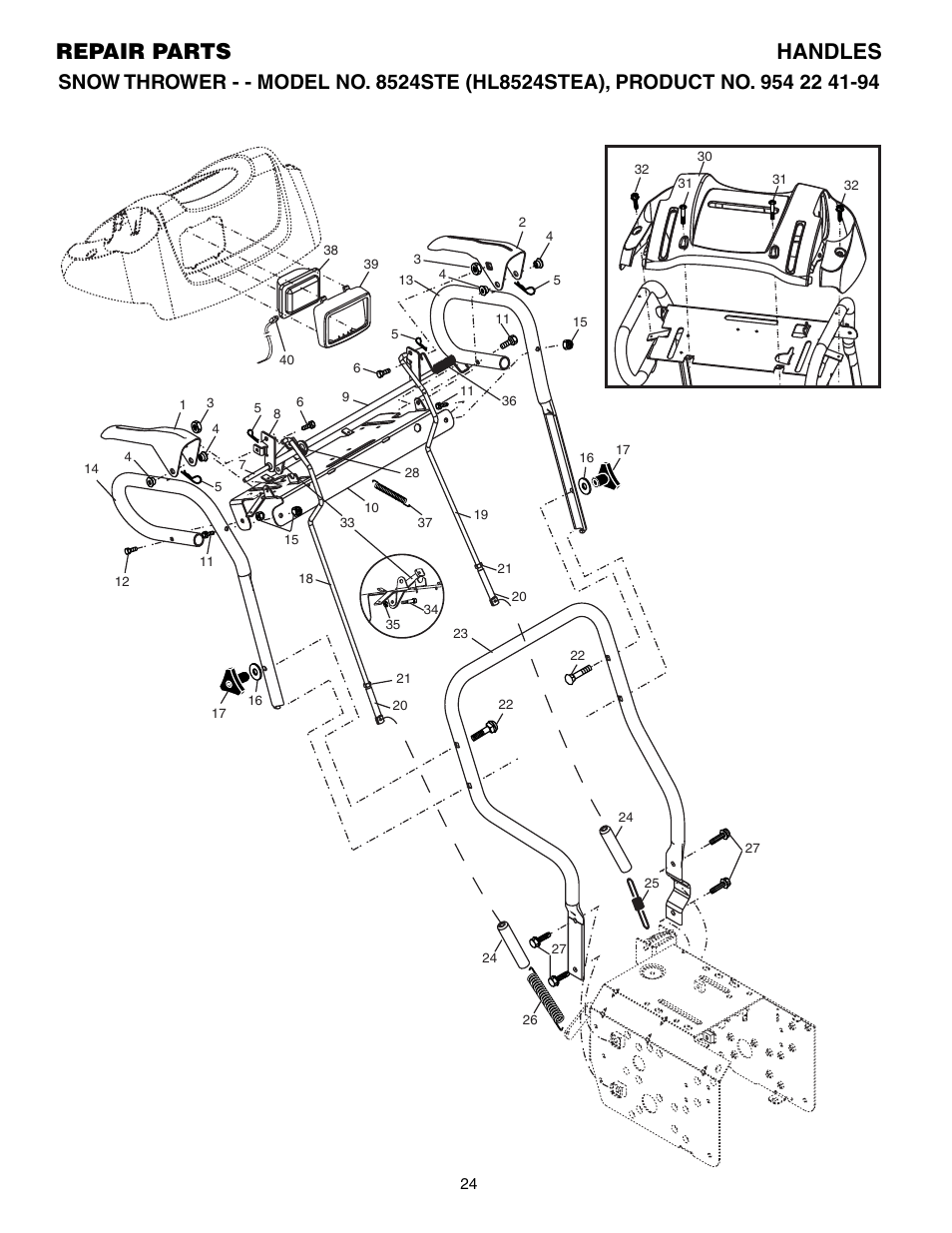 Handles, Repair parts handles | Husqvarna 8524STE User Manual | Page 24 / 32