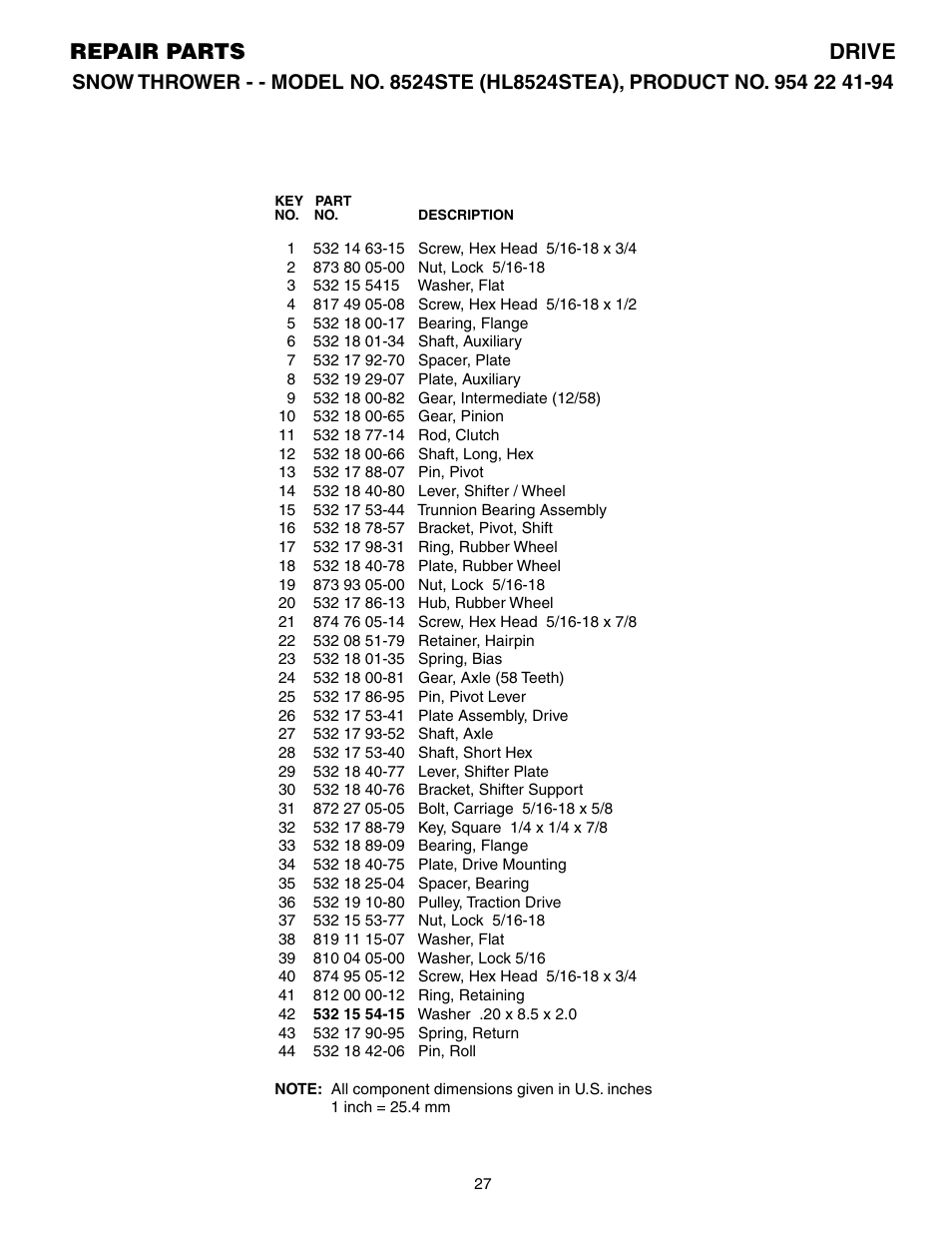 Parts list, Repair parts drive | Husqvarna 8524STE User Manual | Page 27 / 32