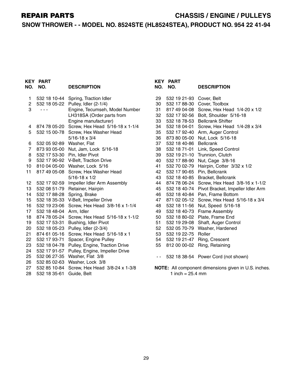 Parts list, Repair parts chassis / engine / pulleys | Husqvarna 8524STE User Manual | Page 29 / 32