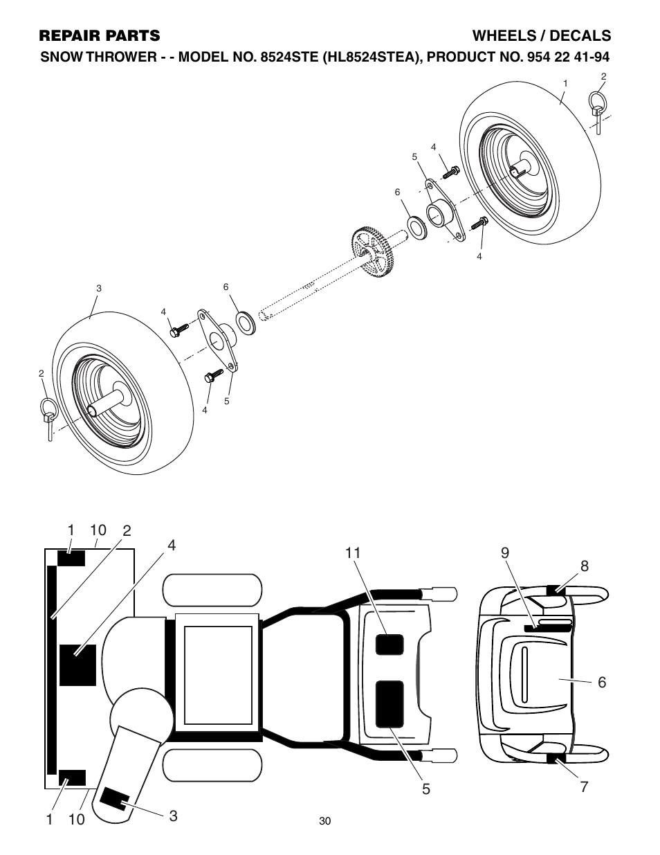 Wheels/ decals | Husqvarna 8524STE User Manual | Page 30 / 32