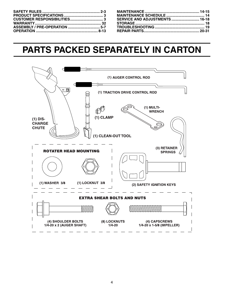 Unassembled parts, Parts packed separately in carton | Husqvarna 8524STE User Manual | Page 4 / 32