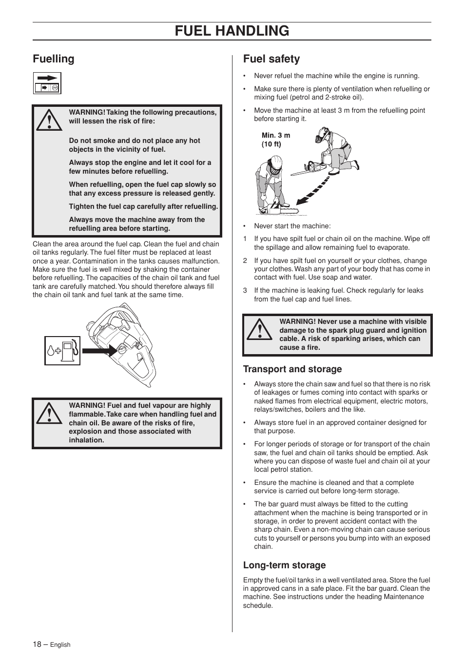 Fuelling, Fuel safety, Transport and storage | Long-term storage, Fuel handling | Husqvarna 55 User Manual | Page 18 / 40