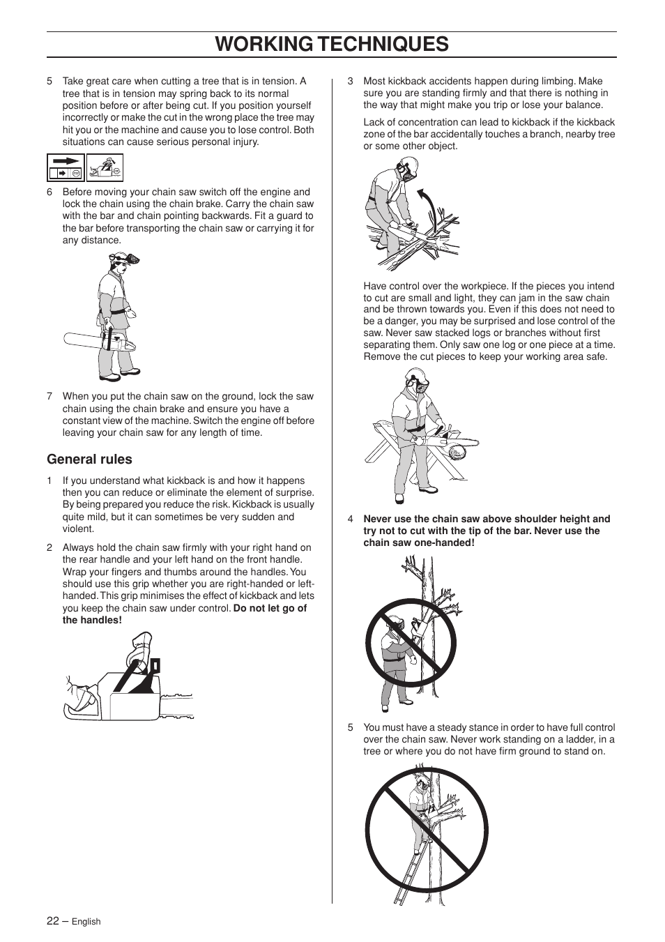 General rules, Working techniques | Husqvarna 55 User Manual | Page 22 / 40