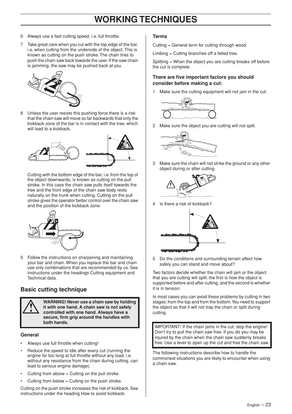 Basic cutting technique, Working techniques | Husqvarna 55 User Manual | Page 23 / 40