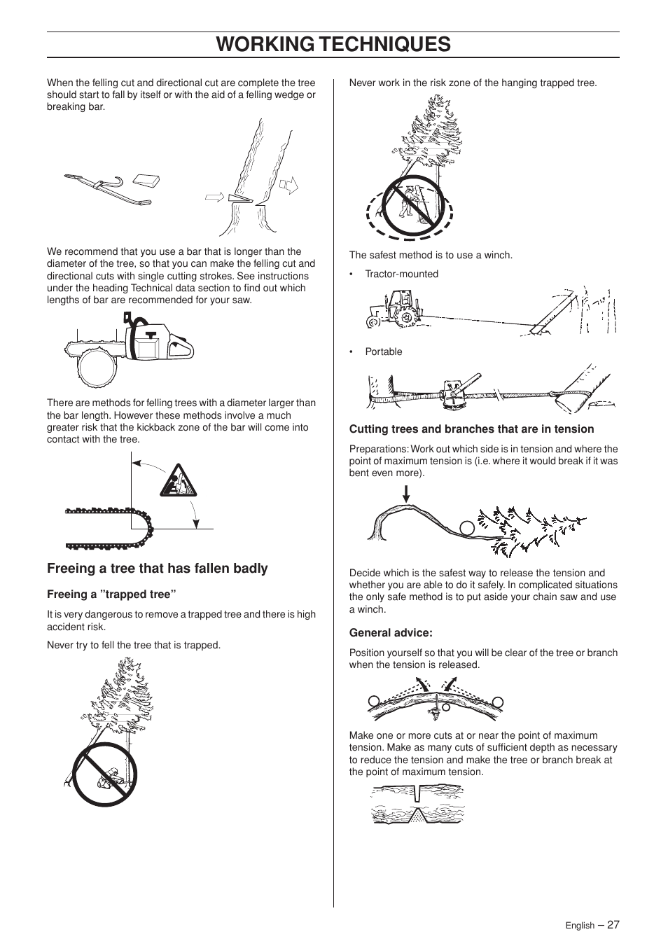 Freeing a tree that has fallen badly, Working techniques | Husqvarna 55 User Manual | Page 27 / 40