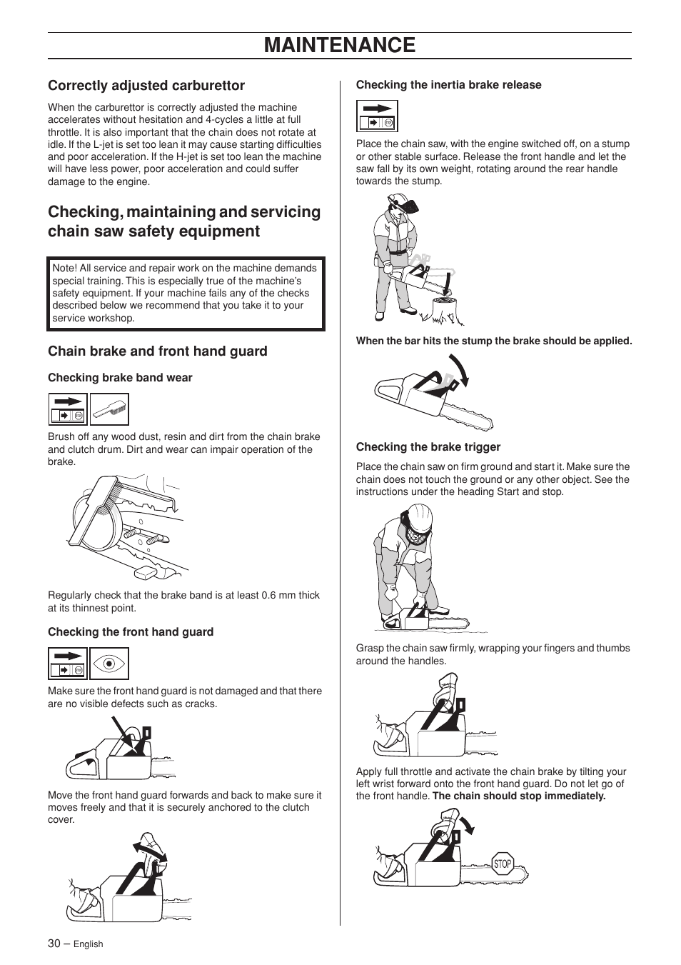 Correctly adjusted carburettor, Chain brake and front hand guard, Maintenance | Husqvarna 55 User Manual | Page 30 / 40