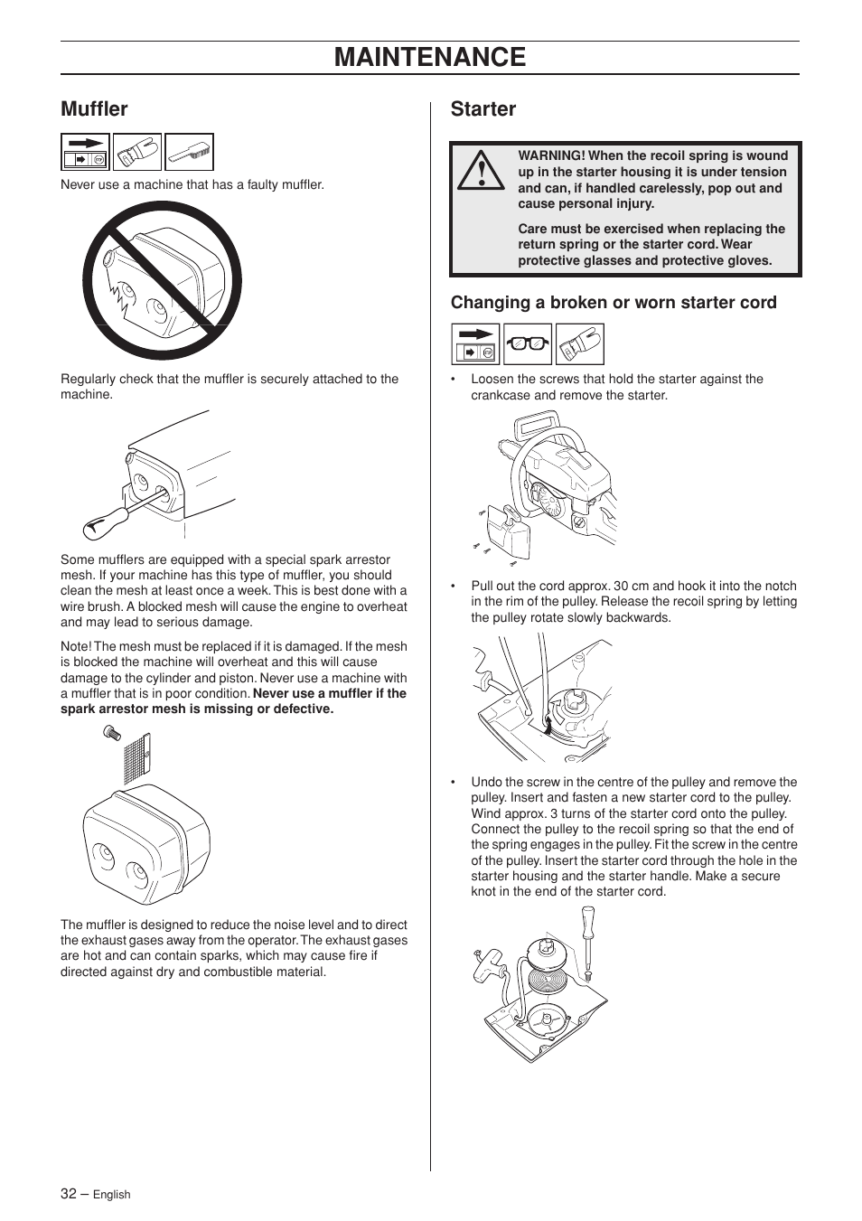 Muffler, Starter, Changing a broken or worn starter cord | Maintenance | Husqvarna 55 User Manual | Page 32 / 40