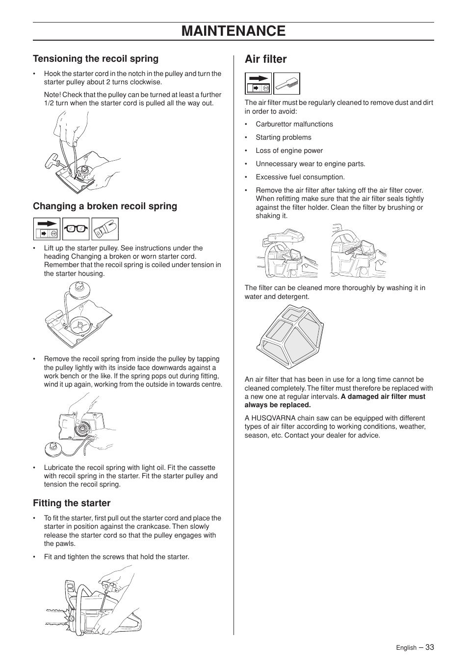 Tensioning the recoil spring, Changing a broken recoil spring, Fitting the starter | Air filter, Maintenance | Husqvarna 55 User Manual | Page 33 / 40