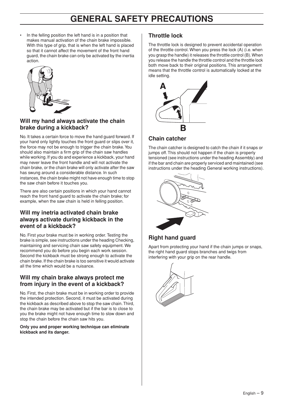 Throttle lock, Chain catcher, Right hand guard | General safety preca utions | Husqvarna 55 User Manual | Page 9 / 40