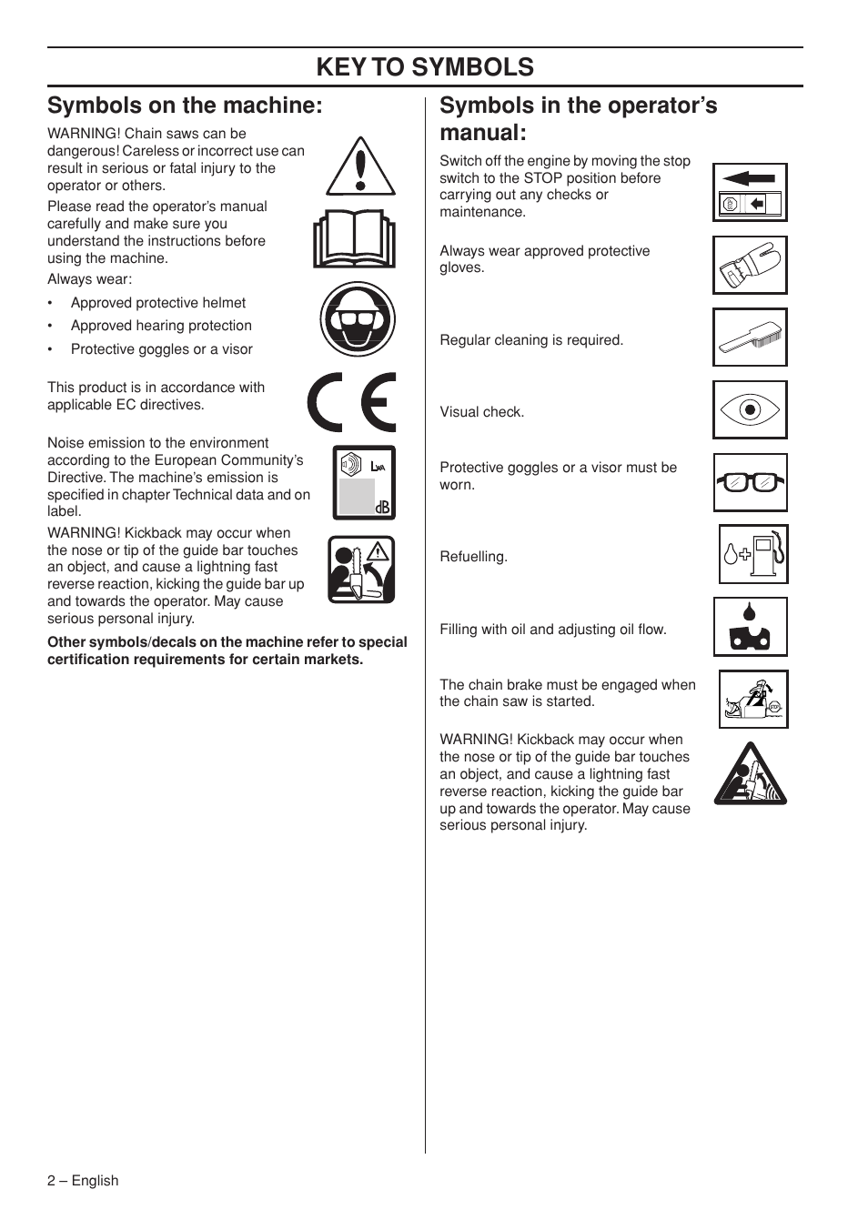 Symbols on the machine, Symbols in the operator’s manual, Key t o symbols | Symbols on the mac hine, Symbols in the operator’ s manual | Husqvarna 339XP User Manual | Page 2 / 44