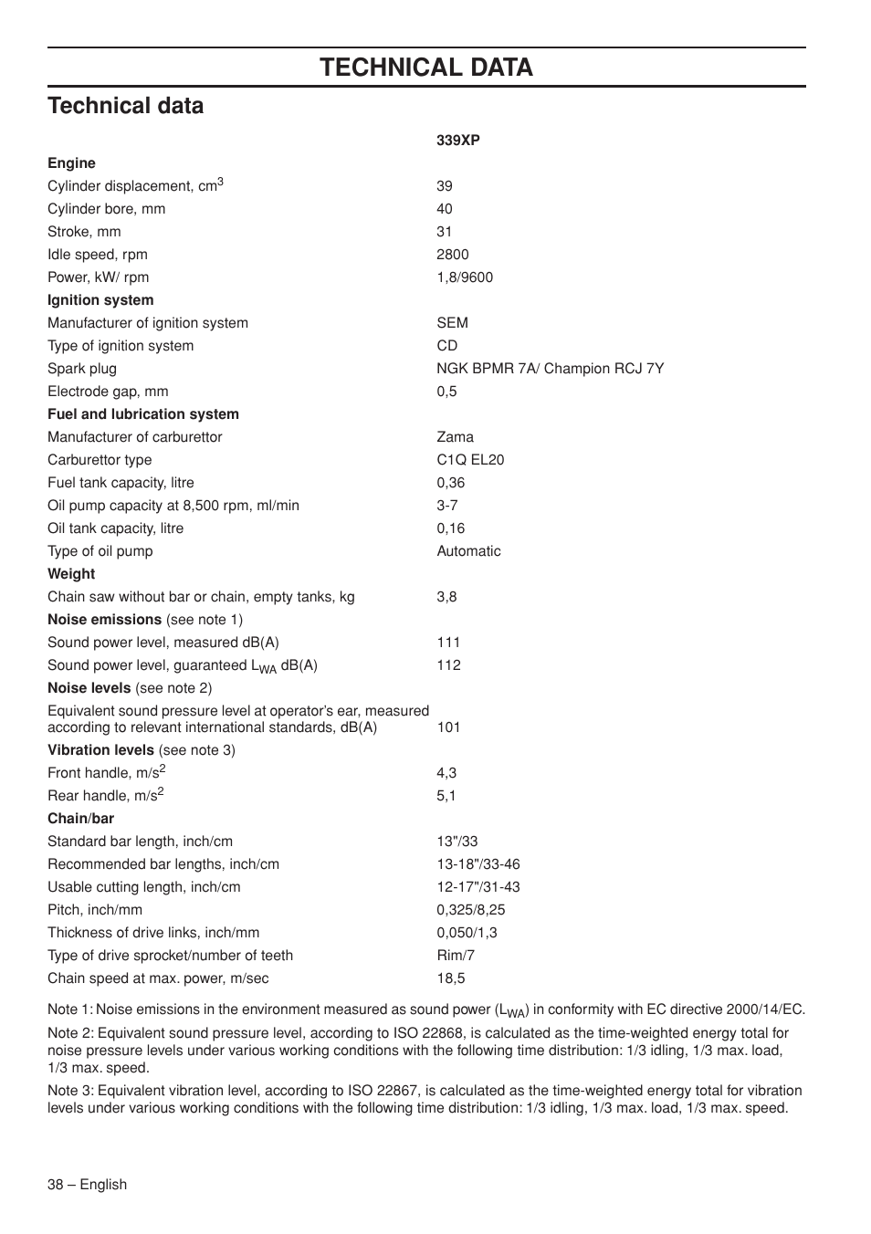 Technical data | Husqvarna 339XP User Manual | Page 38 / 44