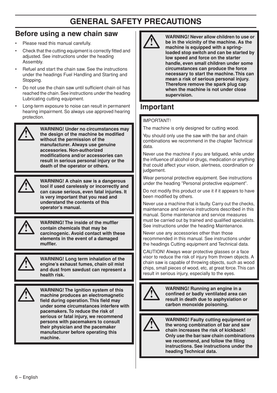 Before using a new chain saw, Important, General safety preca utions | Bef ore using a new chain saw, Impor tant | Husqvarna 339XP User Manual | Page 6 / 44