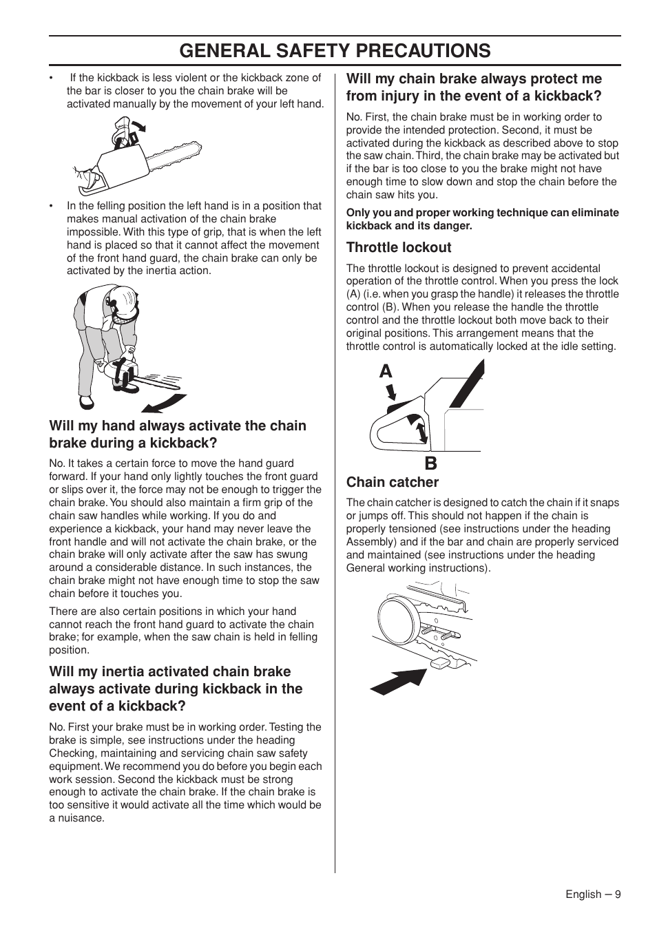 Throttle lockout, Chain catcher, General safety precautions | Husqvarna 339XP User Manual | Page 9 / 44