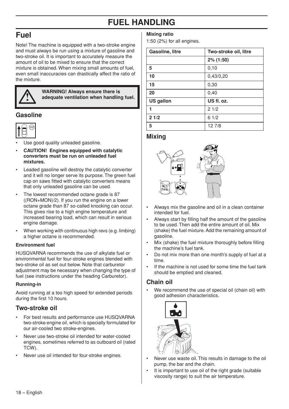 Fuel, Gasoline, Two-stroke oil | Mixing, Chain oil, Fuel handling | Husqvarna 1153158-95 User Manual | Page 18 / 44