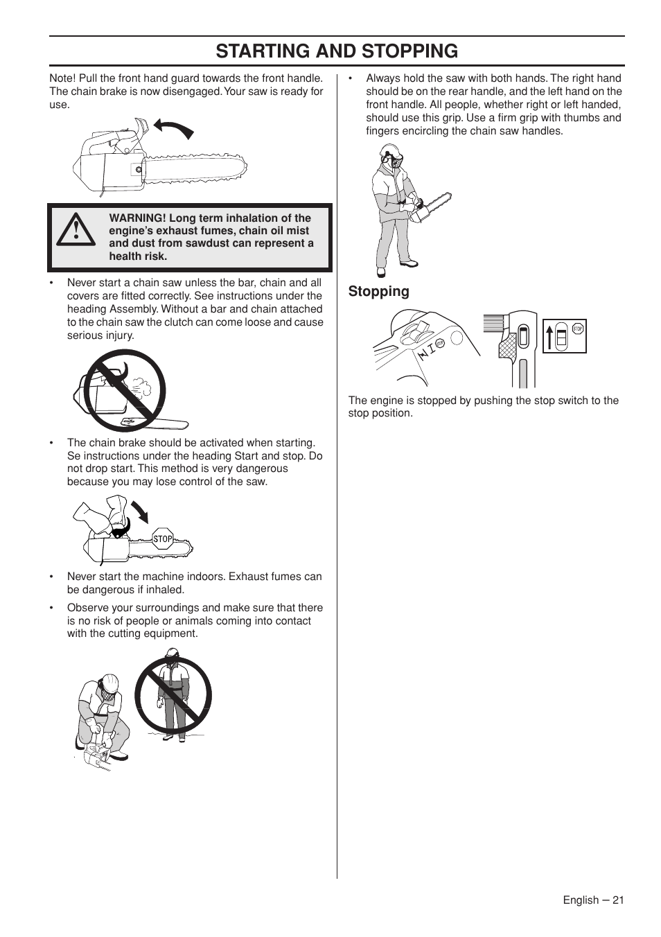 Stopping, Starting and stopping | Husqvarna 1153158-95 User Manual | Page 21 / 44