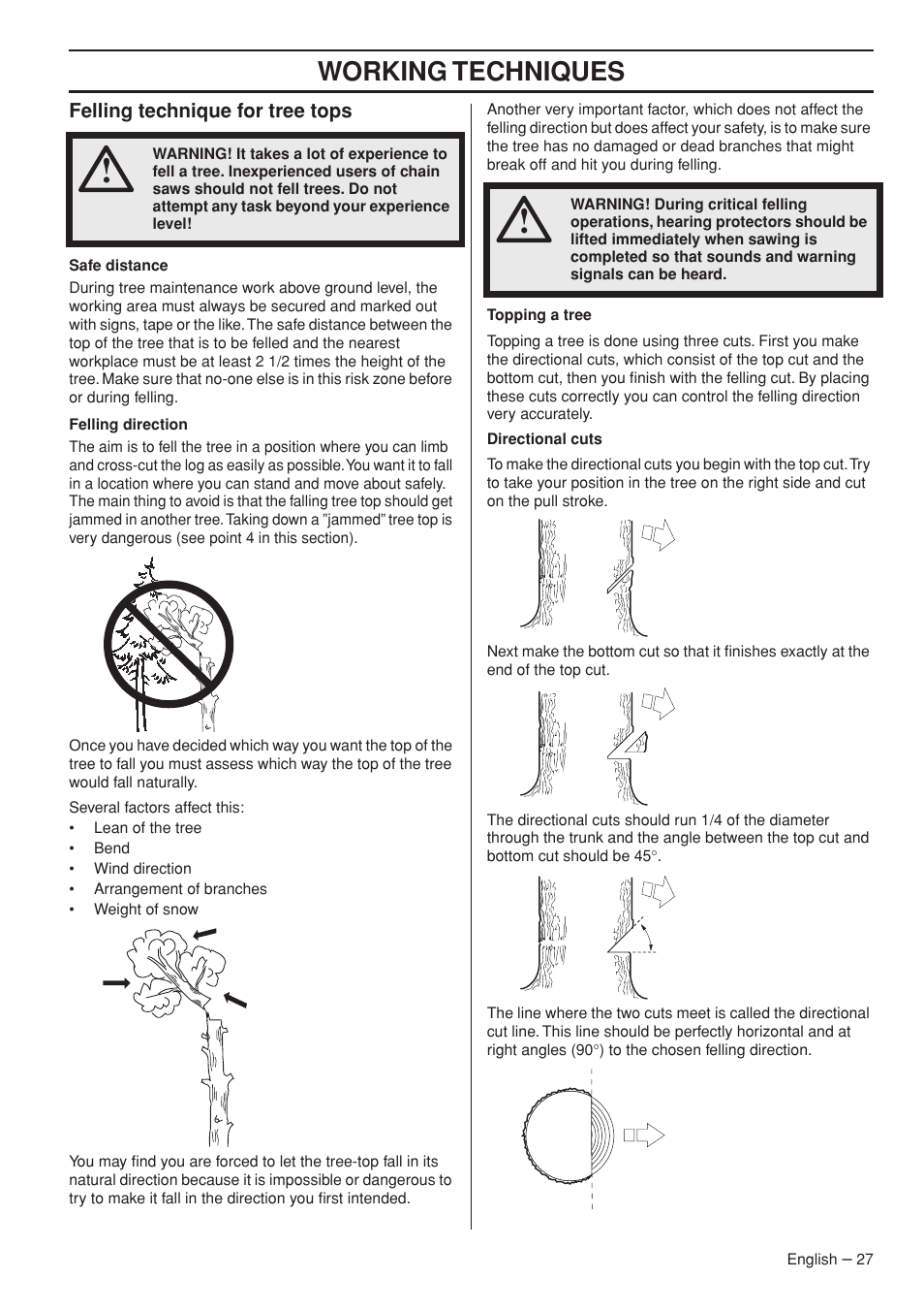 Felling technique for tree tops, Working techniques | Husqvarna 1153158-95 User Manual | Page 27 / 44