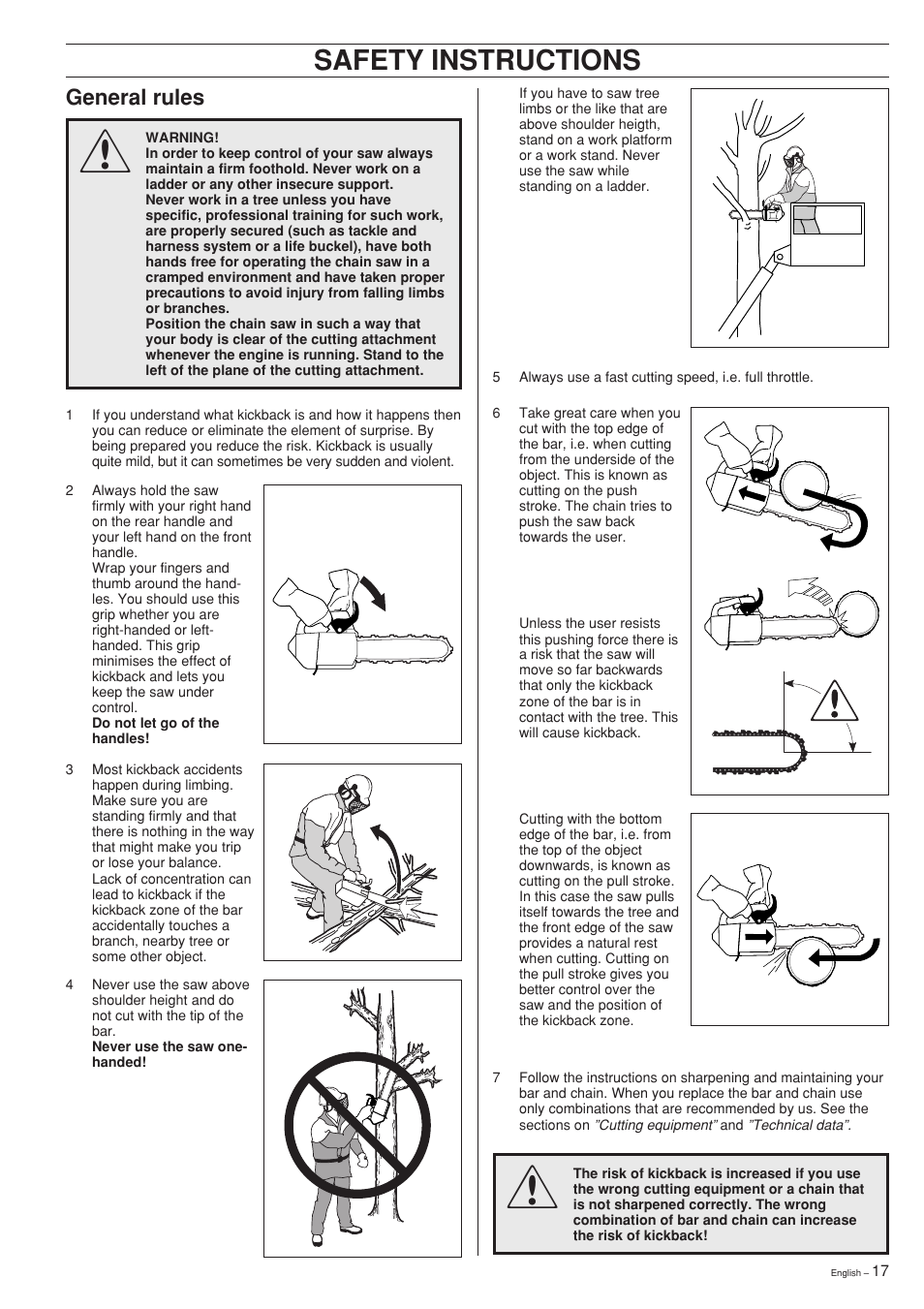 Safety instructions | Husqvarna 335XPT User Manual | Page 17 / 36