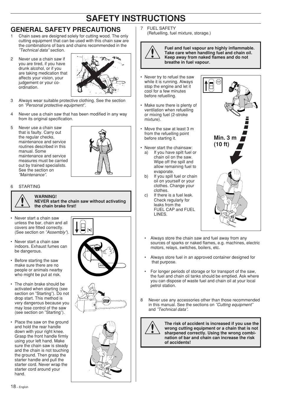 Safety instructions, General safety precautions | Husqvarna 335XPT User Manual | Page 18 / 36