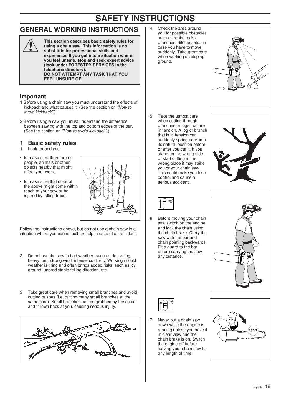 Safety instructions, General working instructions | Husqvarna 335XPT User Manual | Page 19 / 36