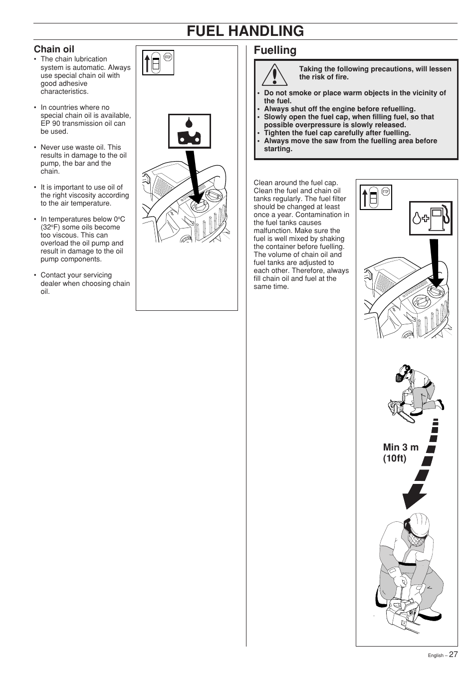 Fuel handling, Fuelling | Husqvarna 335XPT User Manual | Page 27 / 36