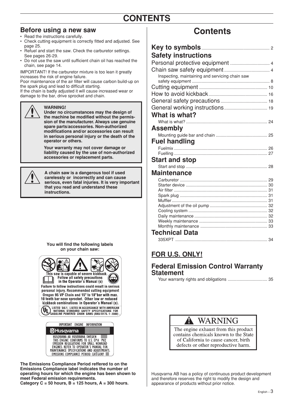 Husqvarna 335XPT User Manual | Page 3 / 36