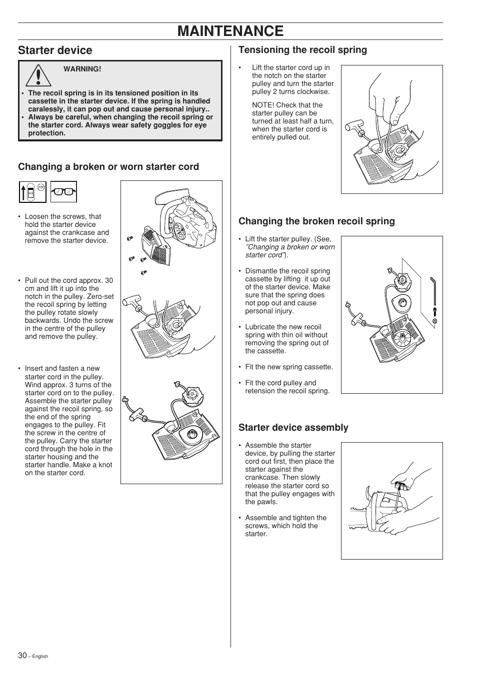 Maintenance, Starter device | Husqvarna 335XPT User Manual | Page 30 / 36