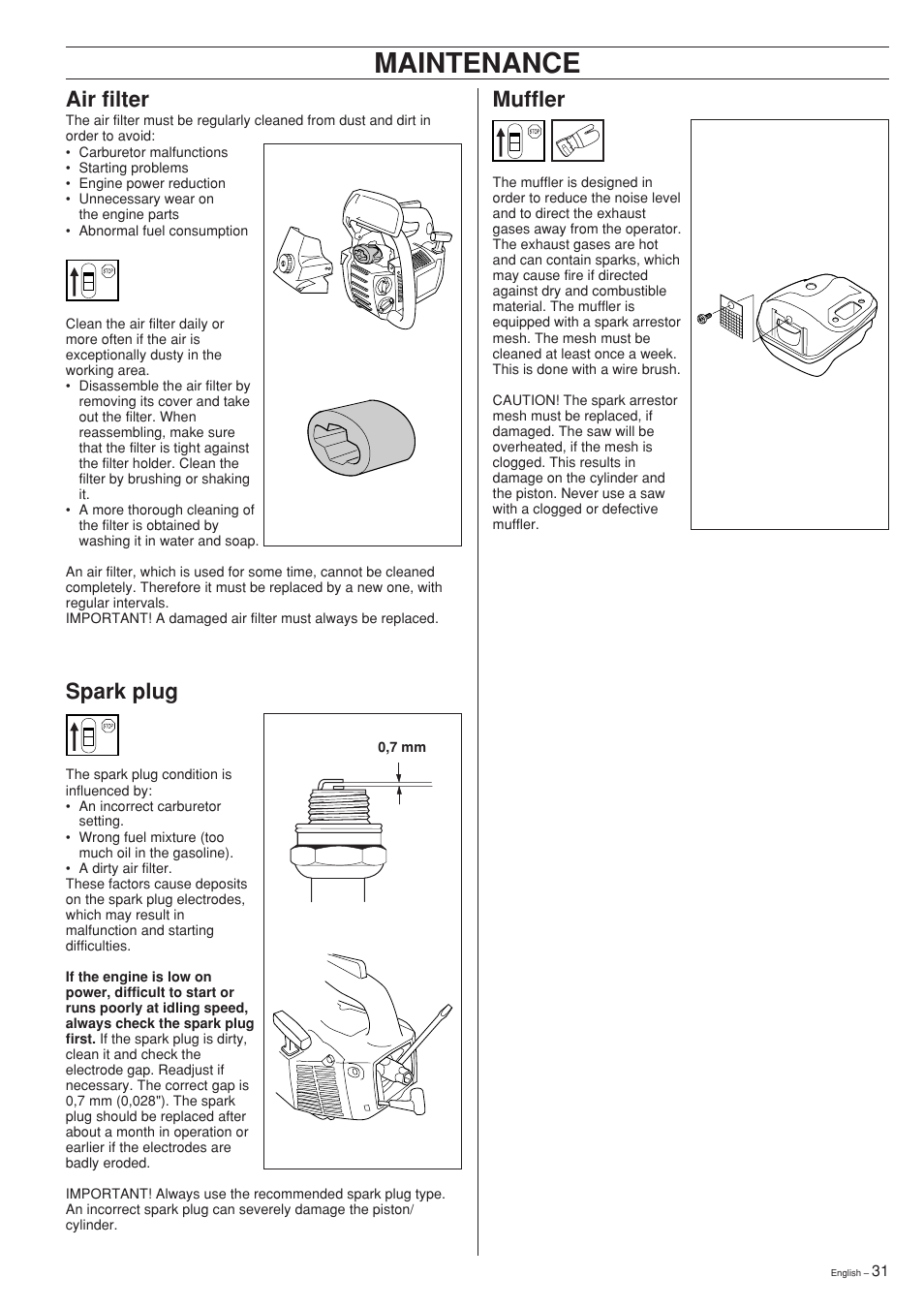 Maintenance, Muffler, Air filter | Spark plug | Husqvarna 335XPT User Manual | Page 31 / 36