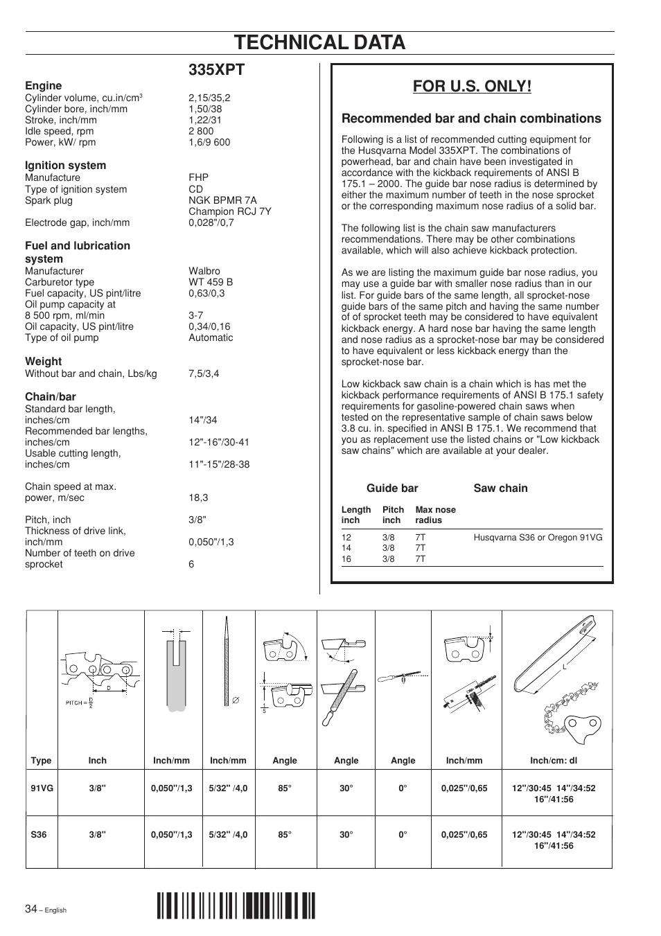 Technical data, Recommended bar and chain combinations, H$e¶5p | 335xpt, For u.s. only | Husqvarna 335XPT User Manual | Page 34 / 36