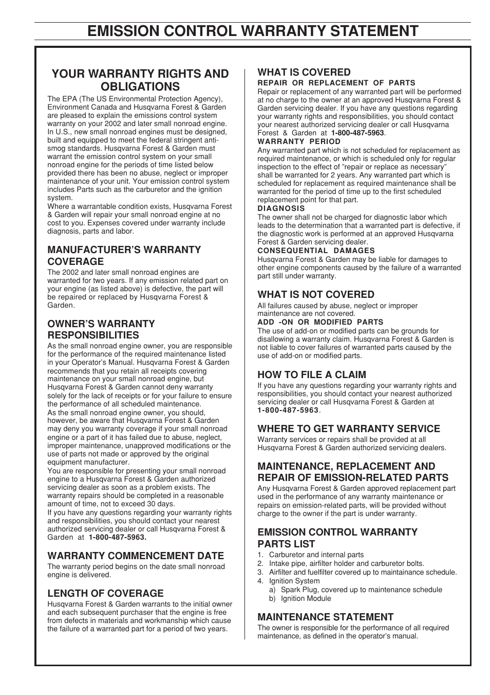 Emission control warranty statement, Your warranty rights and obligations | Husqvarna 335XPT User Manual | Page 35 / 36