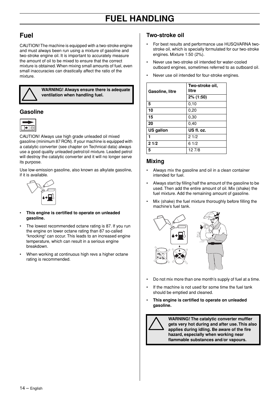 Fuel, Gasoline, Two-stroke oil | Mixing, Fuel handling | Husqvarna 123LD User Manual | Page 14 / 27