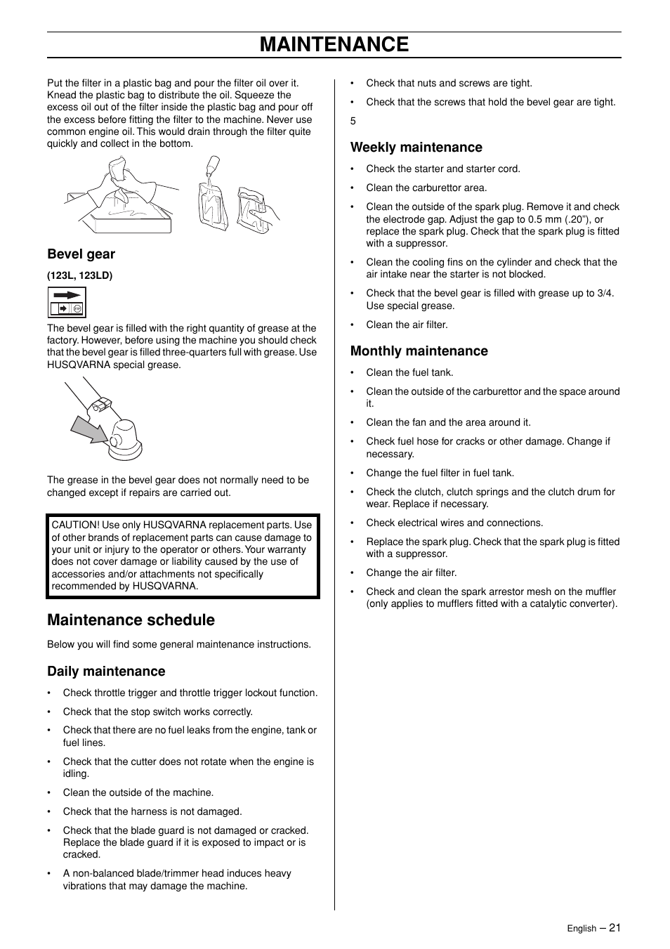 Bevel gear, Maintenance schedule, Daily maintenance | Weekly maintenance, Monthly maintenance, Maintenance | Husqvarna 123LD User Manual | Page 21 / 27