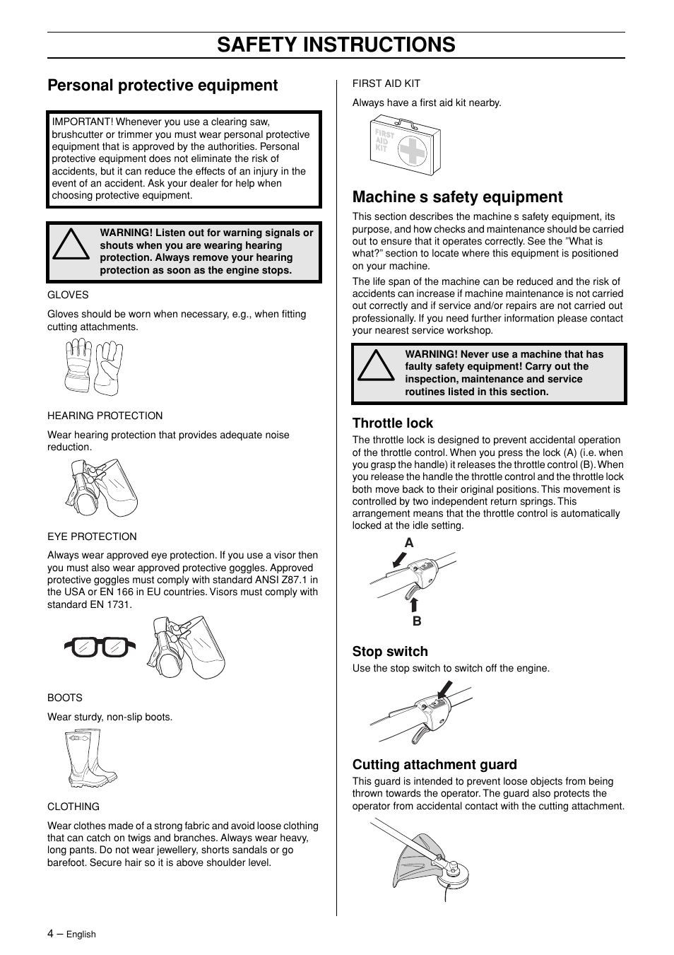Personal protective equipment, Machine¢s safety equipment, Throttle lock | Stop switch, Cutting attachment guard, Safety instructions, Machine ′′′′ s safety equipment | Husqvarna 123LD User Manual | Page 4 / 27
