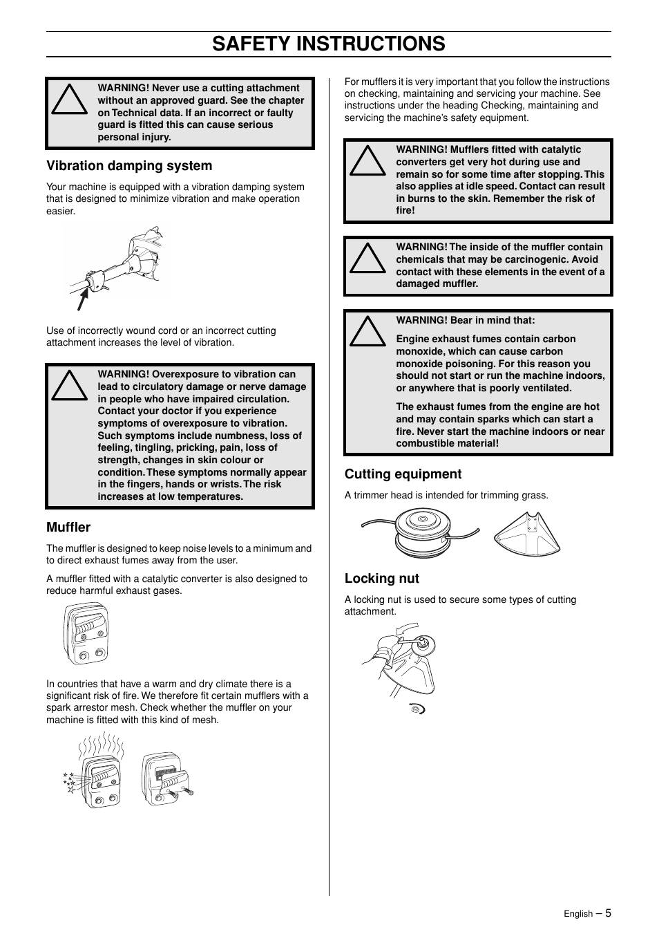 Vibration damping system, Muffler, Cutting equipment | Locking nut, Safety instructions | Husqvarna 123LD User Manual | Page 5 / 27