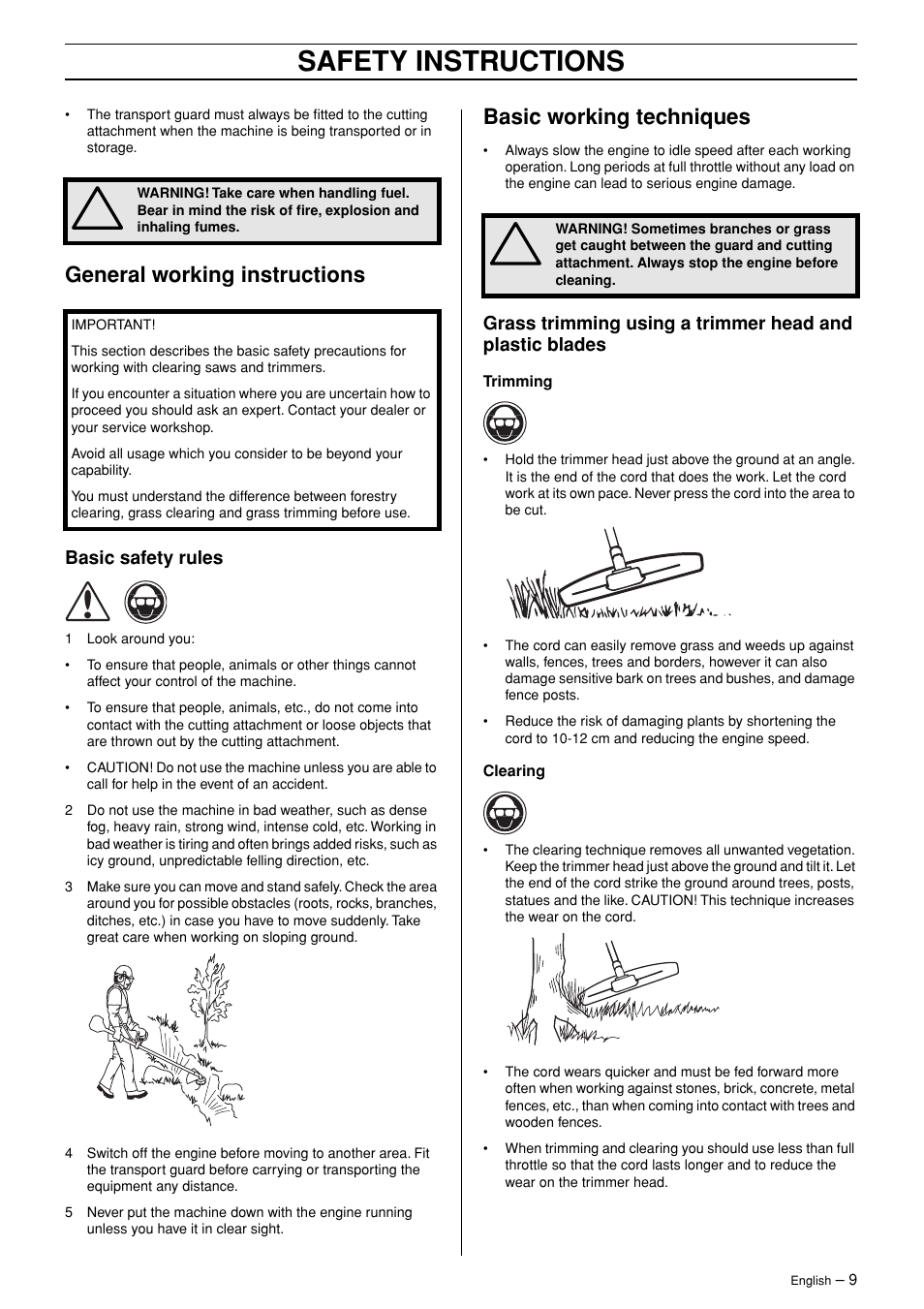 General working instructions, Basic safety rules, Basic working techniques | Safety instructions | Husqvarna 123LD User Manual | Page 9 / 27