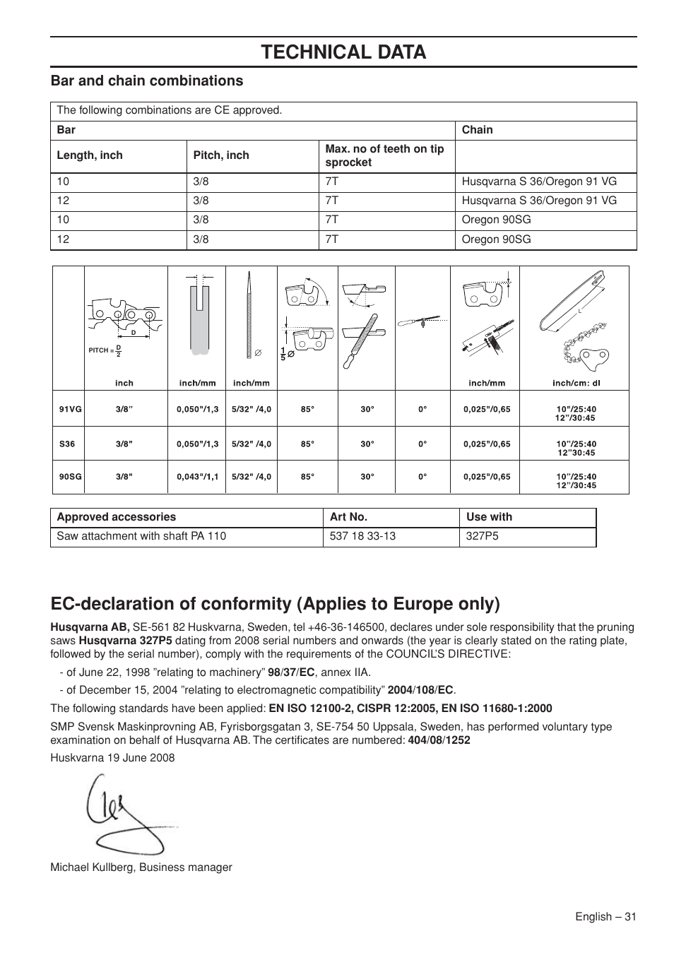 Bar and chain combinations, Technical data | Husqvarna 327P5X User Manual | Page 31 / 36