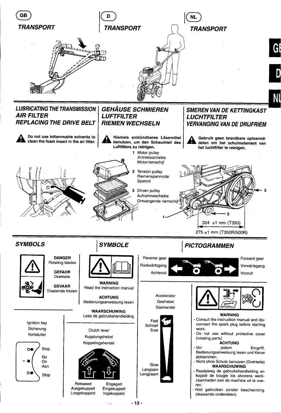 Warning, Waarschuwing, Achtung | Smeren van de kettingkast, Vervanging van de drufriem | Husqvarna T 500R User Manual | Page 14 / 41