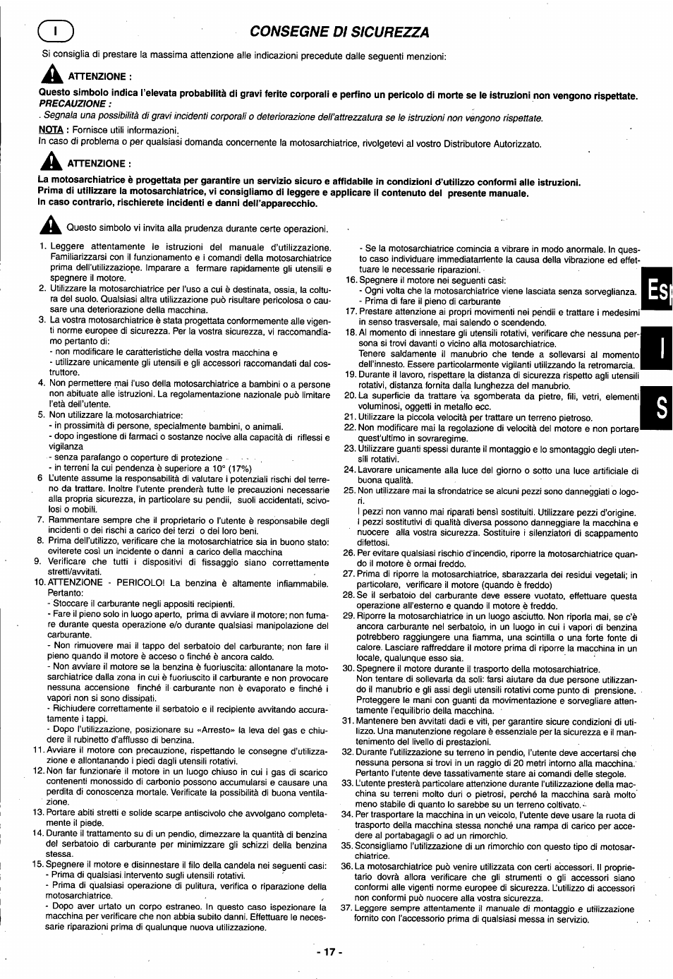 A attenzione, Attenzione, Consegne di sicurezza | Husqvarna T 500R User Manual | Page 18 / 41