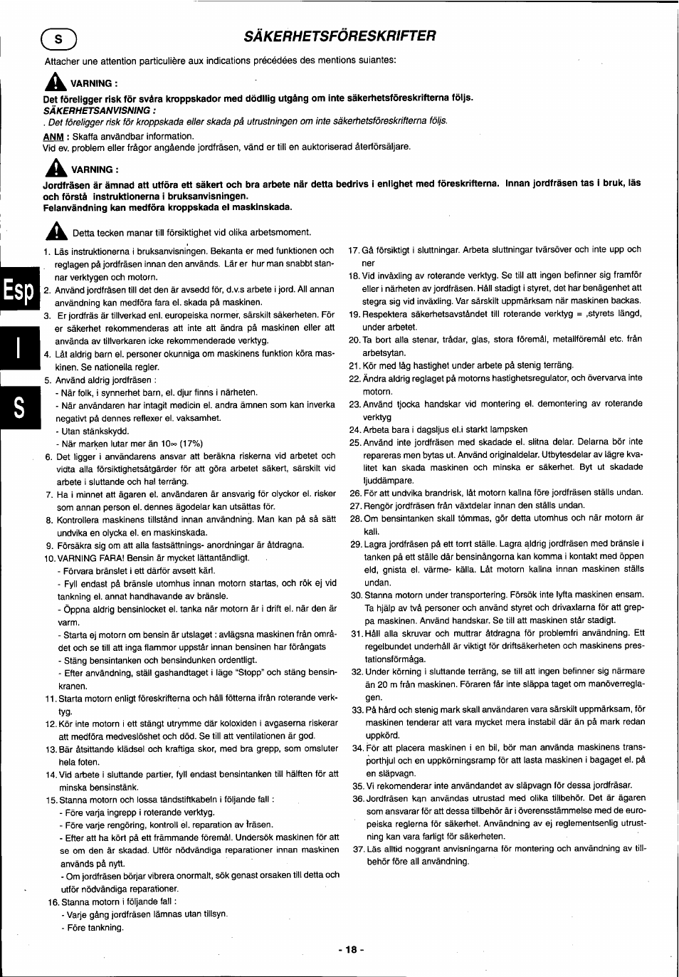 Varning | Husqvarna T 500R User Manual | Page 19 / 41