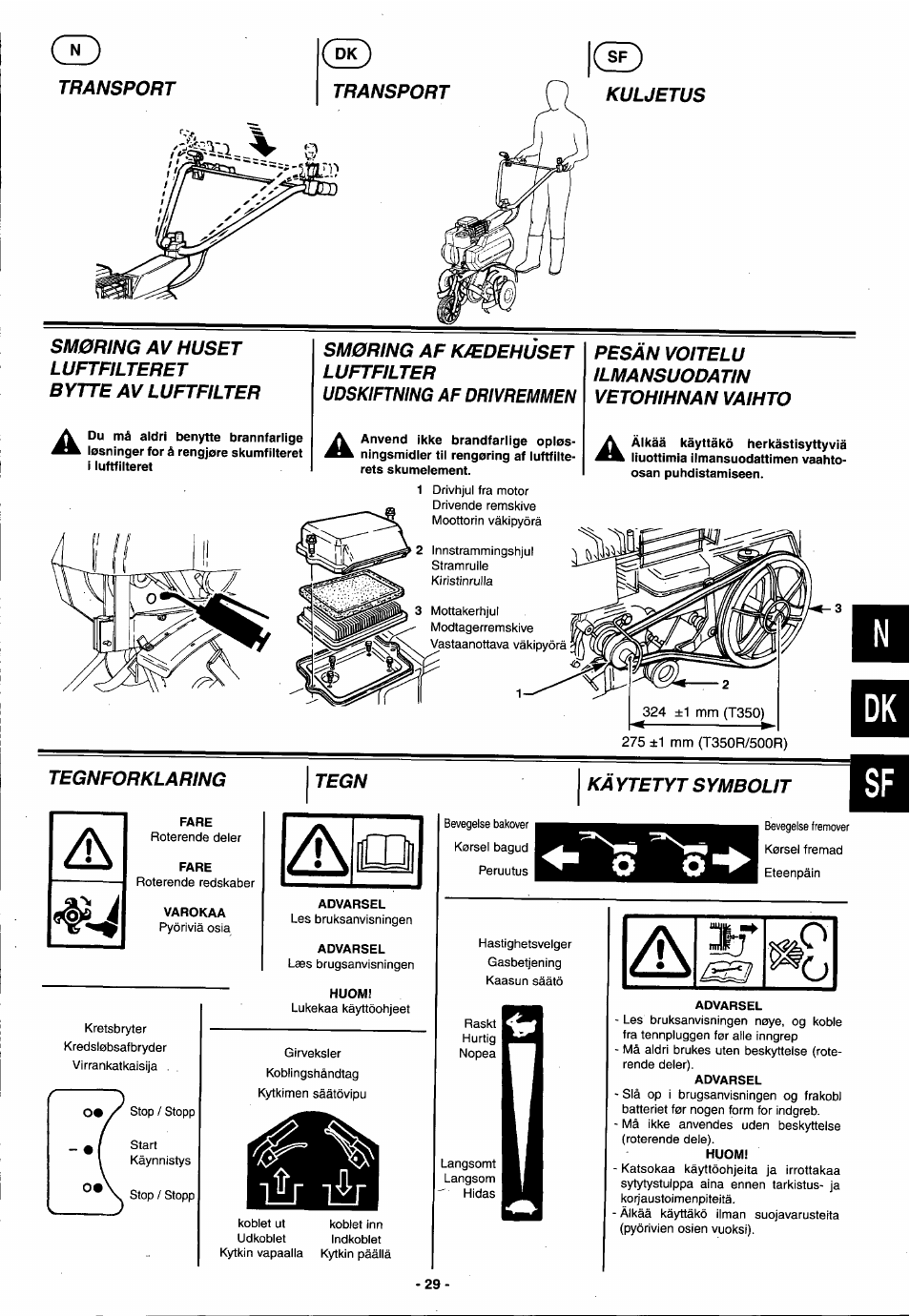 Advarsel, Huom, I« á | Udskiftning af drivremmen | Husqvarna T 500R User Manual | Page 30 / 41