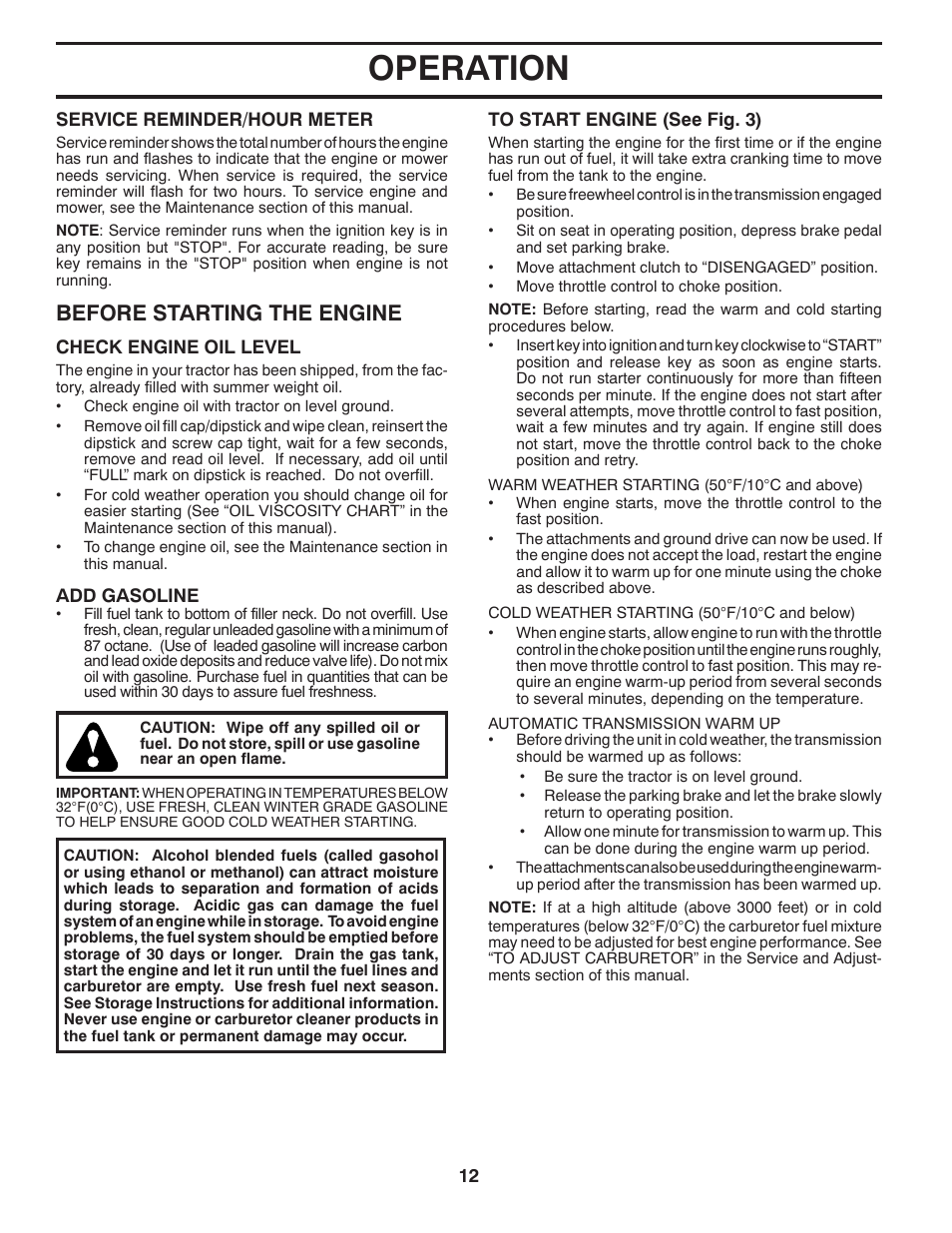 Operation, Before starting the engine | Husqvarna 917.289570 User Manual | Page 12 / 30