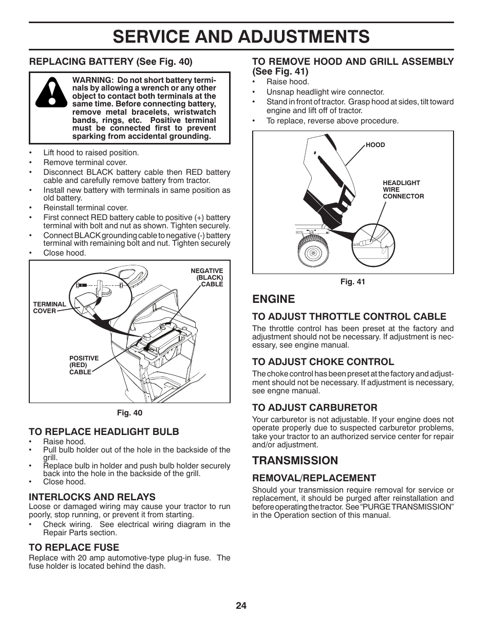 Service and adjustments, Engine, Transmission | Husqvarna 917.289570 User Manual | Page 24 / 30