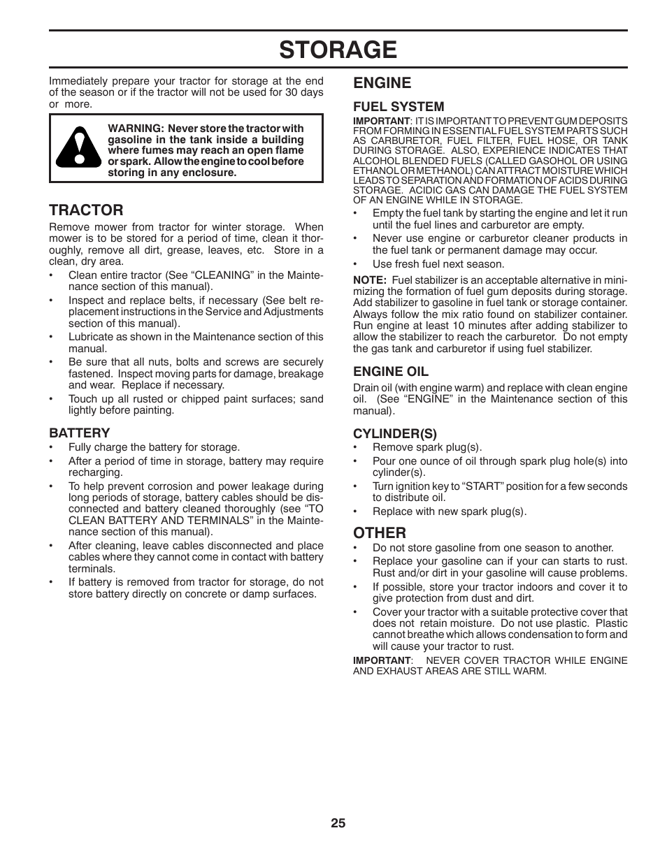 Storage, Tractor, Engine | Other | Husqvarna 917.289570 User Manual | Page 25 / 30