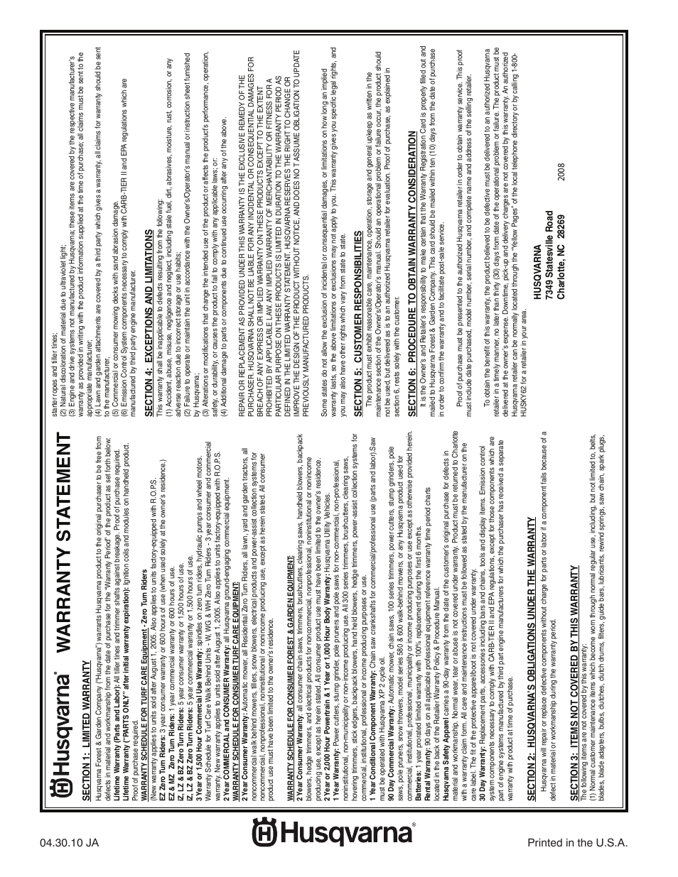 Warranty statement, Warranty st a tement, 10 ja printed in the u.s.a | Husqvarna 917.289570 User Manual | Page 30 / 30