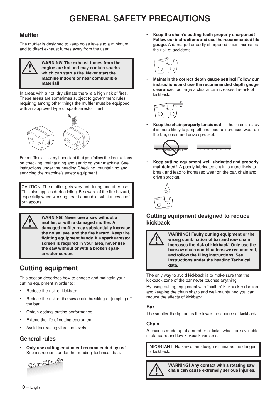 Muffler, Cutting equipment, General rules | Cutting equipment designed to reduce kickback, General safety precautions | Husqvarna Rancher 55 User Manual | Page 10 / 40
